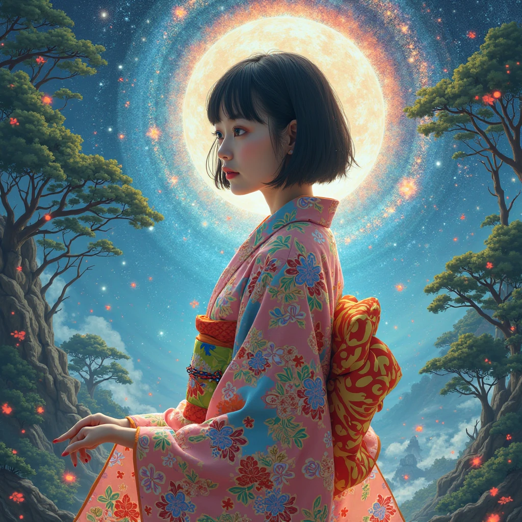 1girl,(black_hair:1.1),(zentangle, mandala, tangle, entangle:0.6),(fractal art),the most beautiful form of chaos,brutalist designed, the most beautiful and highly detailed Harajuku-inspired hooded kimono, cherry blossoms blowing in the wind, enchanted, aesthetic, psychedelic, atmospheric, cosmic