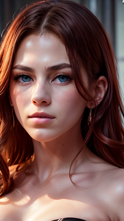 giant woman with a red hair ponytail and a blue eyes huge chest, facing the viewer, Raw photo, real person, seductive dark fantasy, Photorealistic, Shiny skin, Detailed skin, porcelain smooth skin, pale skin,  Masterpiece, photorealistic skin texture, soft freckles, realistic face moody lighting, light freckles, realistic skin shader, realistic maya, daz3d genesis iray shaders, photorealistic beautiful face, amazing photorealistic graphics