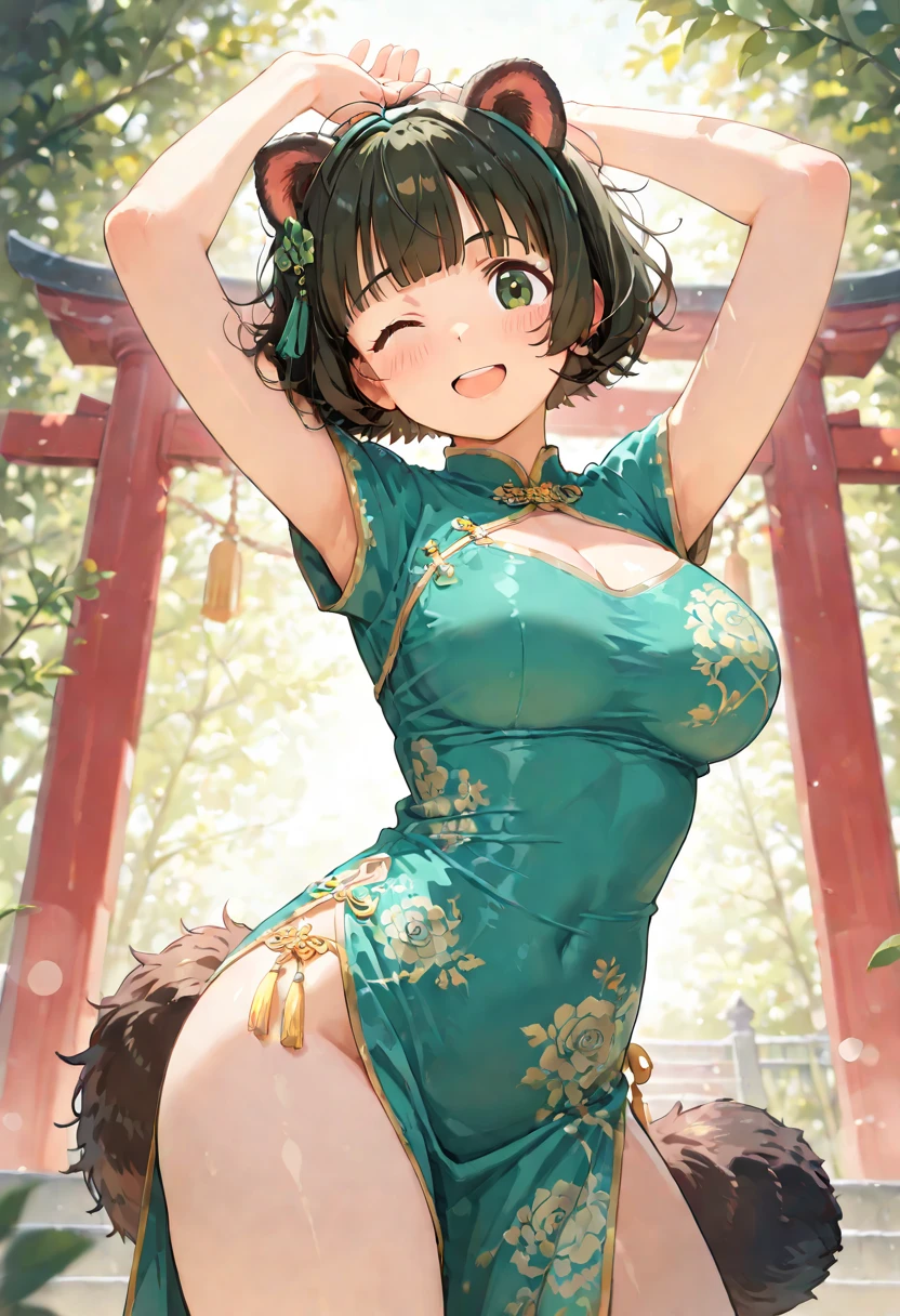 nsfw,idolmaster, Chieri Ogata,One Girl,Brown-haired twin tails,small tits,brown-eyed,four leaf clovers, Beautiful breasts,Green Idol Costume,Smile with open mouth,Top image quality,Best Quality