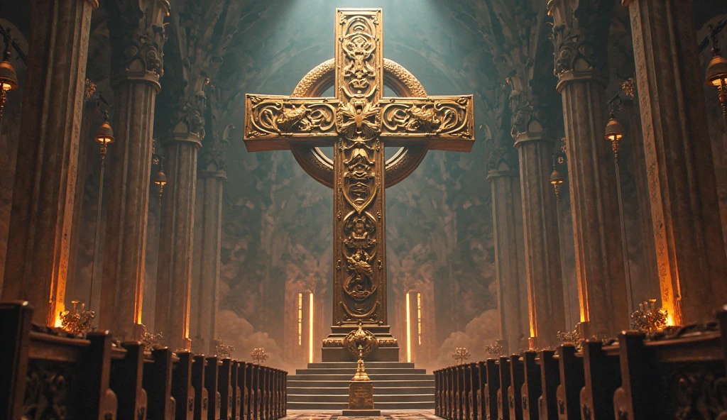 photo, a large cross sitting in the middle of a dark room (NecroChurch style:1) <lora:djzNecroChurchV21:1>