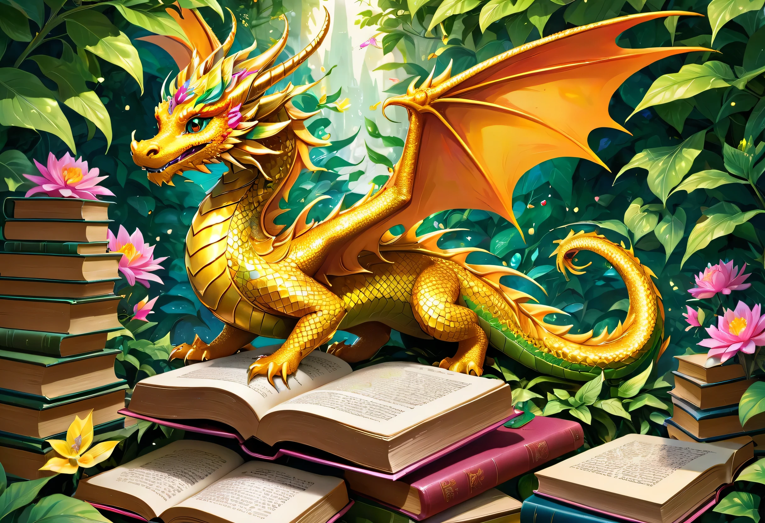 have intricate patterns drawn on the wings, in the vibrant and whimsical depiction that combines small. because they are surrounded by green leaves and bright flowers,, Yellow, pink, wings that stand on top of a pile of ancient books. green々colorful dragons、their expressions are satisfying、Calm. the scales of a dragon that shines orange are depicted, spurs this magical atmosphere. This image、The fantasy elements and、the rich, around the book {x} sparkling jewels are scattered around the book piled up of gold coins {x} Brilliant colors and intricate details enrich the storytelling experience.