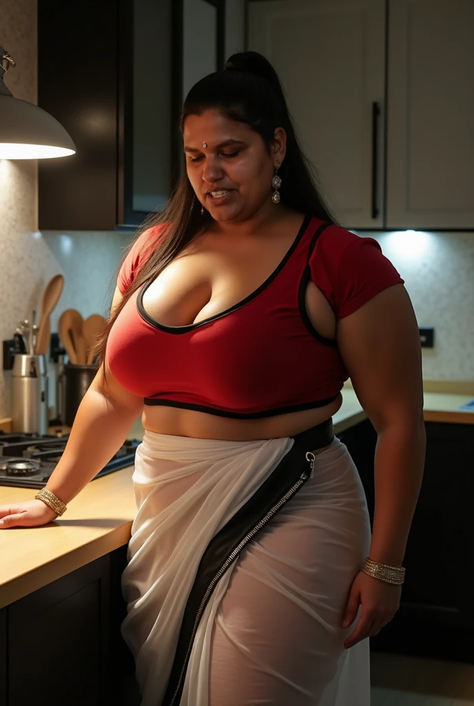 A 3 plus sized South Indian women wearing a blue colour short skirt and black colour shirt, standing in a kitchen