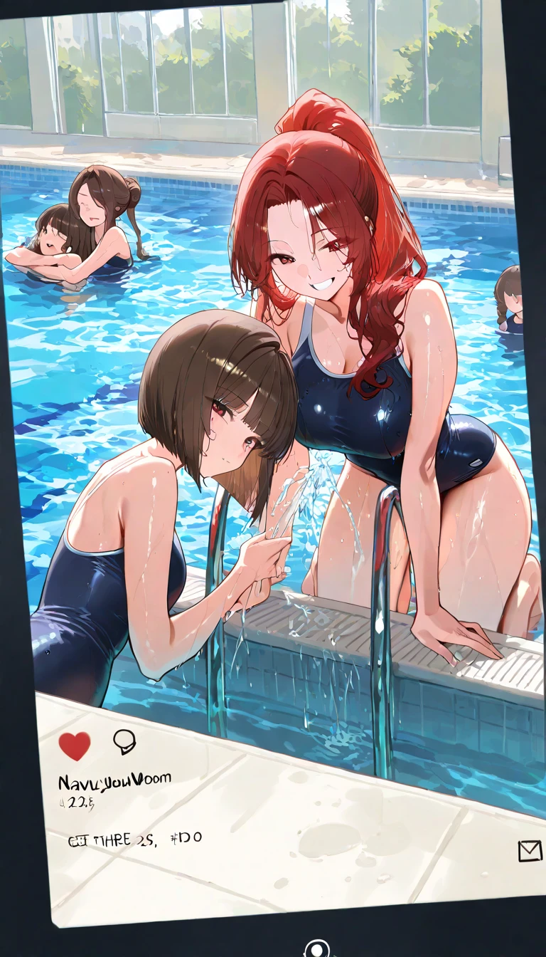 NSFW,Sex with elementary school girls, blue eyes, Long Hair, Brown Hair, Side Lock, Low Ponytail,,Intense penetration sex,Creampie Sex,Three Girls,School Swimsuit,Pool