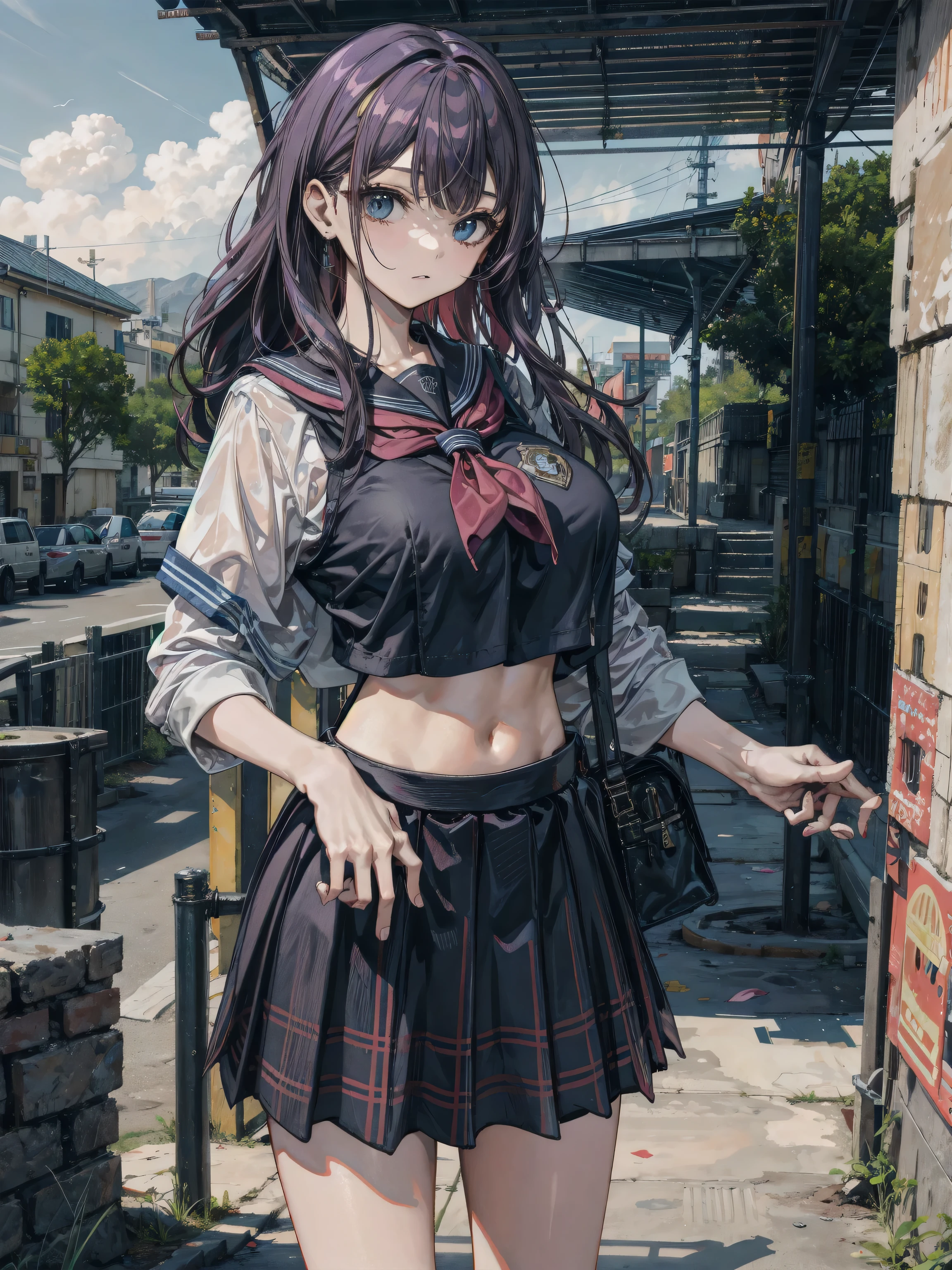 A giraffe girl wearing a skirt and shirt is walking down the street., Kantai Collection Style, Witchcore Outfit, Sailor suit, loose coat collar Sailor suit, wearing japanese techwear, Wearing dark-colored marine clothing, JK Uniform, Style Anime, seifuku, Japanese Uniform, Japanese school, sakimichan, Tied shirt, Inspired by anime