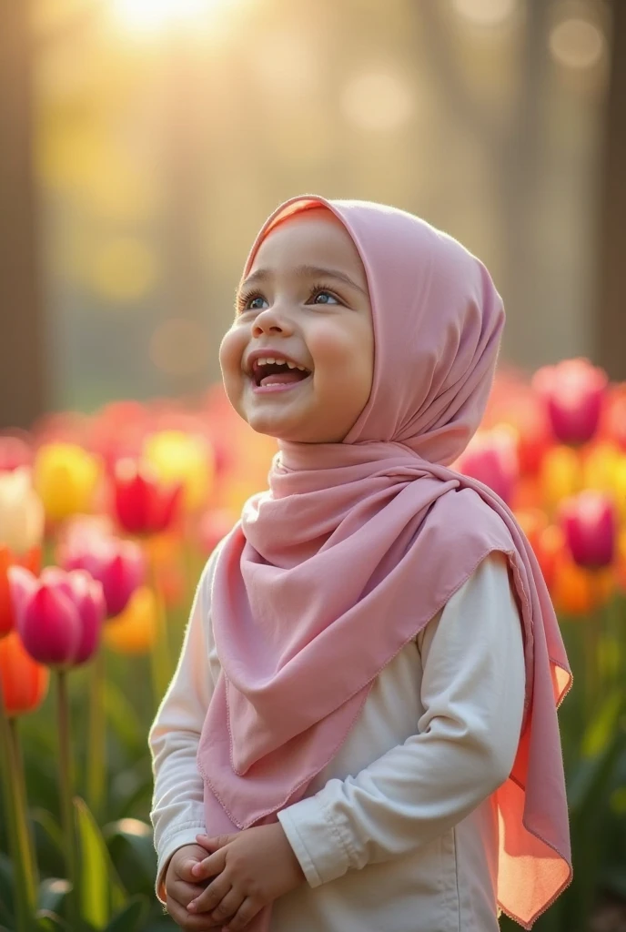 masterpiece, an indonesian girl, 2, solo,mature female, purple hoodie , brown pants, long hijab motif, outdoors, purple flower field, looking at viewer, (falling petals), cloudy sky, perfect composition, detailed lips, beautiful face, body propotion, blush, (pink lips), long hijab, blue eyes, soft gaze, smyling thinly, super realistic, detailed, photoshoot, realistic face and body, realistic hijab, realistic eyes, realistic nose, realistic lips, photo from infront of body, fokus, 8K, 5D