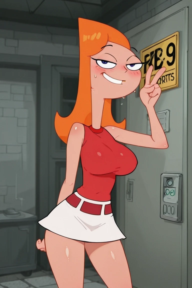 original-art, lineart, inked, 1girl, green eyes, long hair, orange hair, kim possible, jeans, black top, black gloves, midriff, belt , in back yard, fl9shingtits, , ((showing boobs)),(( big breast: 1.4))