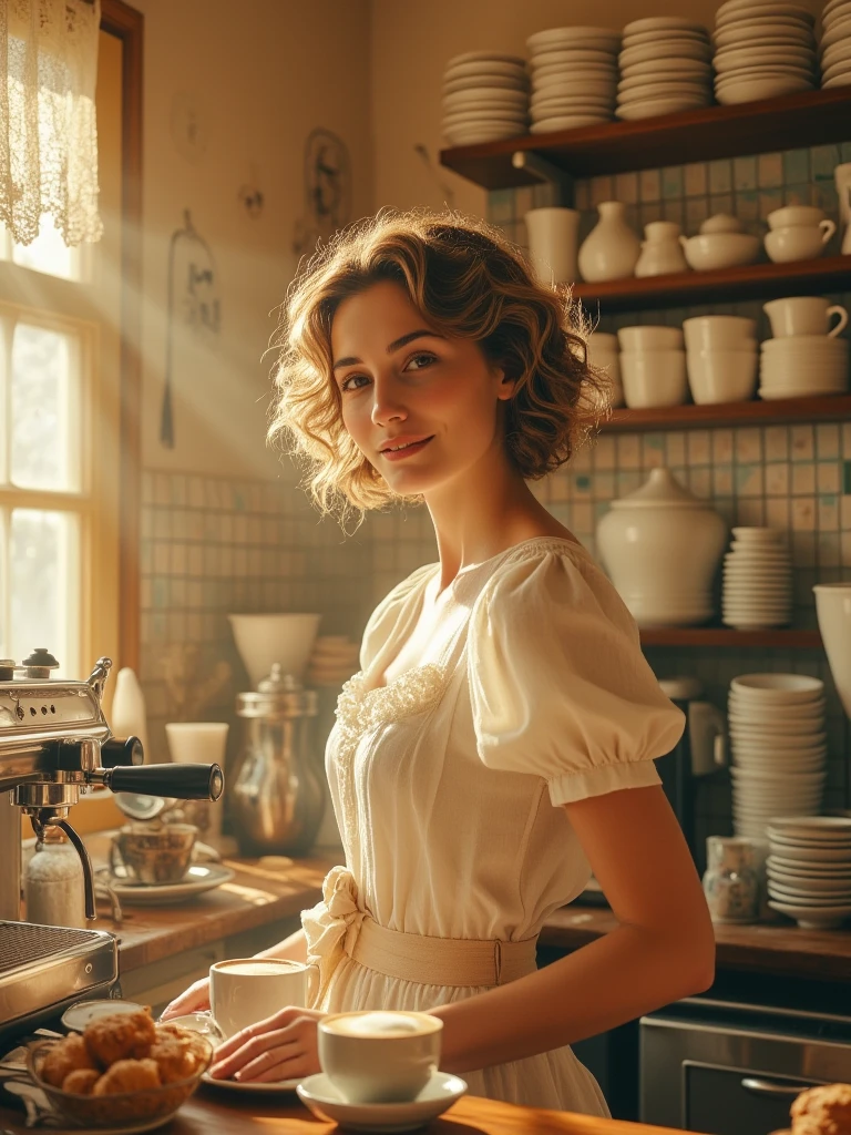 a photo of adriaArj1 in a milkmaid dress, (Yellow and blue milkmaid dress), (aufrechte Pin-Curl-Frisur), (blondes Haar), (Kitchen background), elegant, sehr detailliert. beschwingt, photorealistisch, realistisch, scharfer Fokus, 8k