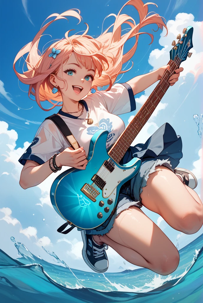 (8K、최고 품질、걸작:1.2), Woman in bikini and barefoot playing electric guitar in emerald sea, anime style