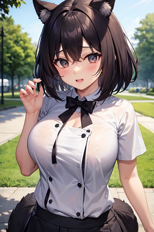 (best quality), high resolution, ((masterpiece)), 4k, portrait, ((from side)), (upper body), ((1girl)), (((detailed black hair tied in low ponytail))), ((((hime cut hairstyle)))), (snowflake shaped hairclip), ((bright violet eyes)), slim figure, (b-cup breasts), long legs, ((narrow eyes)), (((wearing KuohAcademyUniform))), stoic, cool, elegant, walking, (carrying a bag), trees, school building in the background