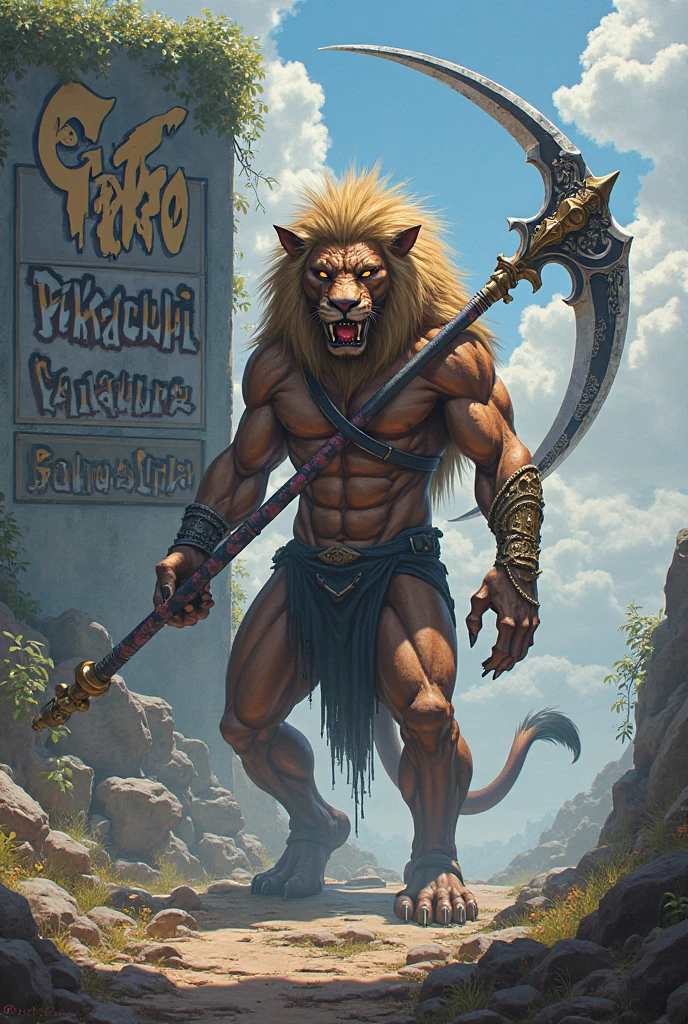 Wolf-headed man,Various tattoos on the skin,Wearing animal skins,Hold a bone rod,There was also a sheep under his feet