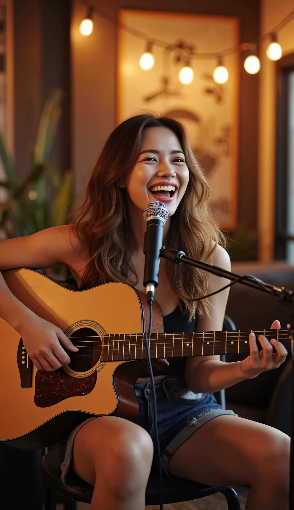 A joyful woman playing an acoustic guitar while singing and holding a microphone. She is smiling brightly, sitting in a cozy room with warm lighting. Her hair is flowing, and she wears a casual outfit. The scene feels lively and musical, with music notes subtly floating in the air