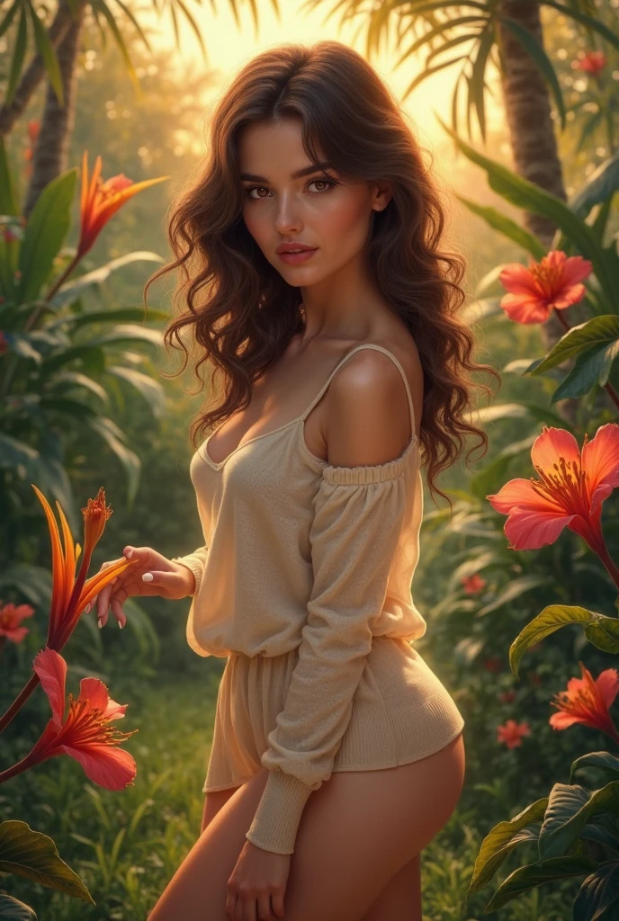 A Brazilian woman in a lush tropical garden, wearing an open shirt with a floral print, with a close-up capturing the harmonious beauty between her breasts and the natural flowers, showing off your natural charm and outgoing personality.