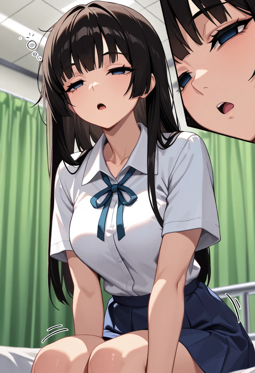 Masterpiece, (2 beautiful females, teacher and school girl), yuri sex, ecchi style, sitting on each other, school girl, slim, arm on neck choking:1.2, pushing head down towards tights, hand in panties, masturbating:1:4, no skirt, in mouth ball gag ,