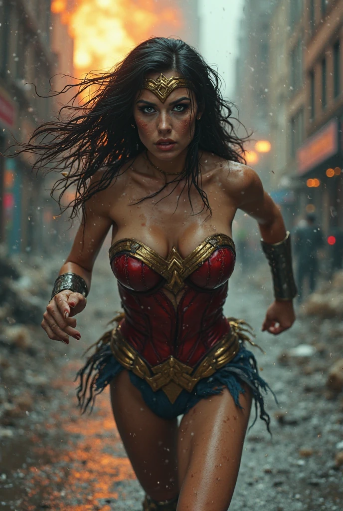 ((A beautiful woman under the mantle of the Amazon warrior Wonder Woman has long hair, black with a silver metal diaema this Diaema wears a red star on her forehead,His eyes are light blue. Her superheroine costume is samurai themed.. Usually (((Her costume includes a blue jumpsuit and a red armor top over her jumpsuit.))) on her knees screaming exhausted after an extensive battle blood around her in a rainy apocalyptic city cars and buildings on fire)))