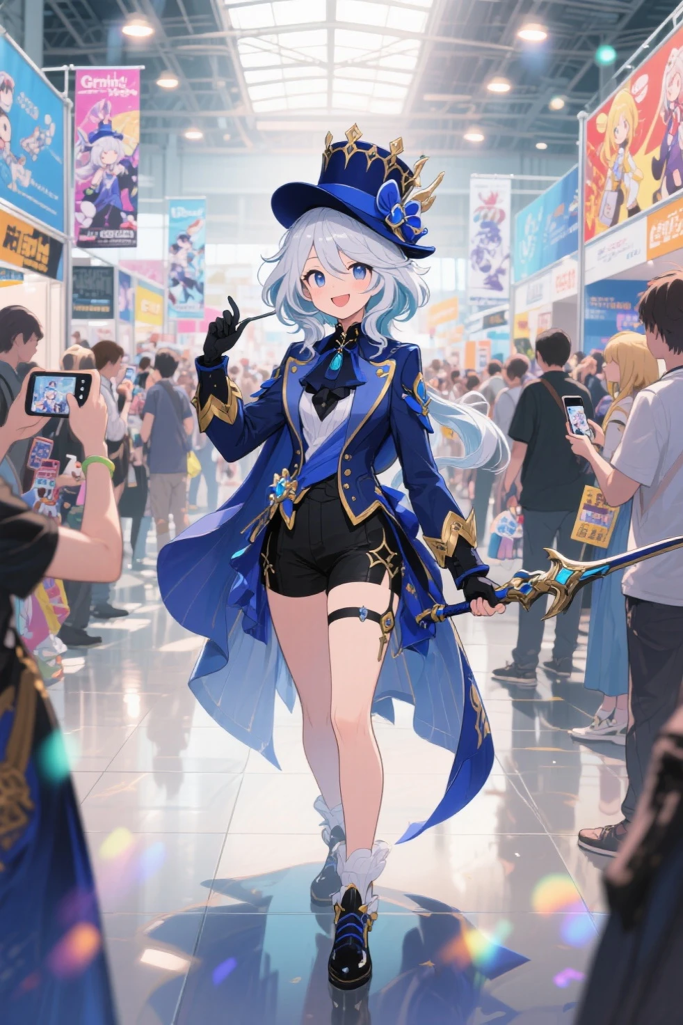 animetoreal,soft light, masterpiece, best quality, realistic,photorealistic,1girl,,furina(genshin impact), heterochromia,bule hair,blue eyes,hat,ascot,brooch,long sleeves, jacket,blue bow,gloves,white shorts, thigh strap,in subway,slit pupils,blur background,background defocus,from below