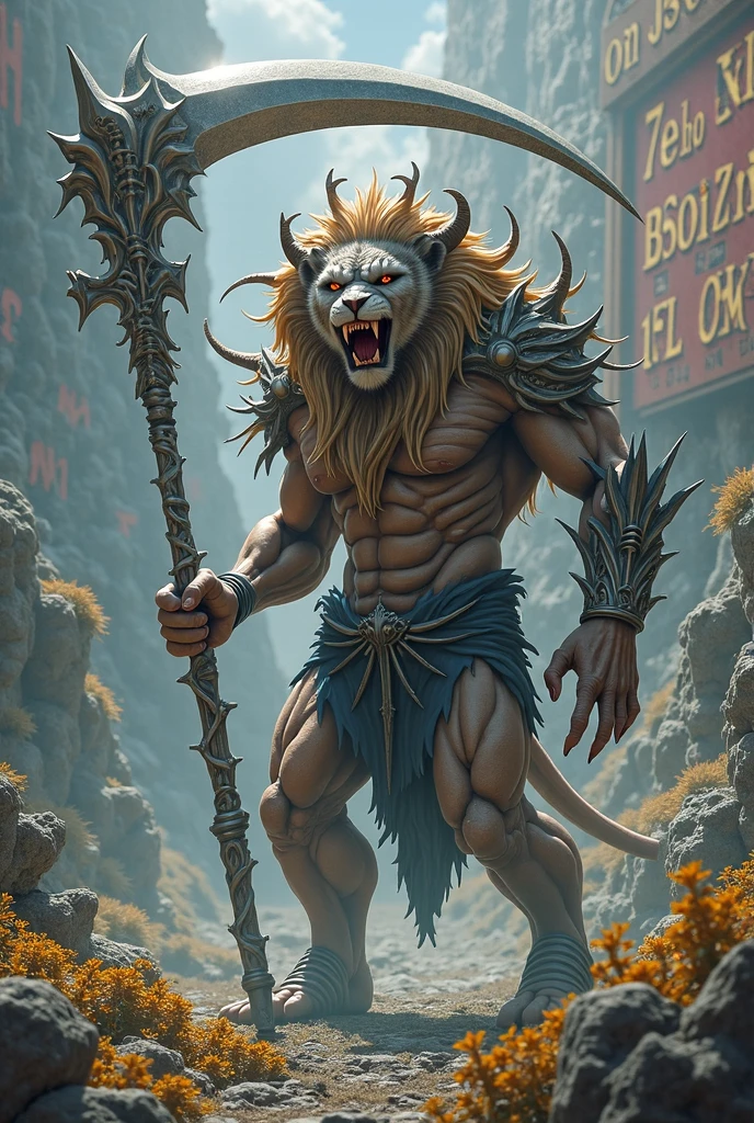 Create an epic fantasy illustration of Black Myth Wu Kong a fierce warrior. The warrior is crouching on a pedestal, holding a long, ornate staff in one hand. He has a muscular, fur-covered body, with a mane of wild, golden hair and a fierce, determined expression. His face is painted with tribal markings, and he wears a mix of armor and tattered cloth, with a red cape billowing behind him. The background is misty and atmospheric, with clouds and smoke swirling around, giving the scene a mystical, otherworldly feel. The color palette should include dark and muted tones, with striking red accents