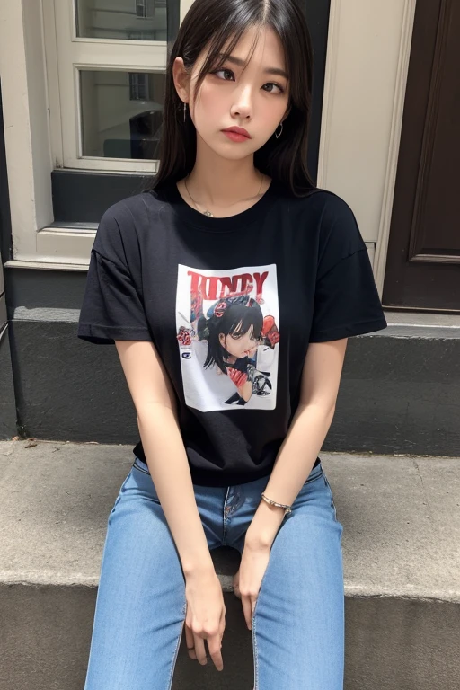 (High Resolution CG Unity 8k Wallpaper), (Masterpiece), (Best Quality), (Super Detailed), (Best Illustration), 1 Female, (Kyoko Otonashi: 1.4), (Long Black Hair with Bangs Falling Over Her Forehead: 1.4), (Big Breasts: 1.2), (Cool T-Shirt and Jeans: 1.4), ((Wipe the Tatami: 1.2)), (Old Wooden Apartment: 1.2)), Puffy Eyes, Close-up, (Upper Body: 1.4)