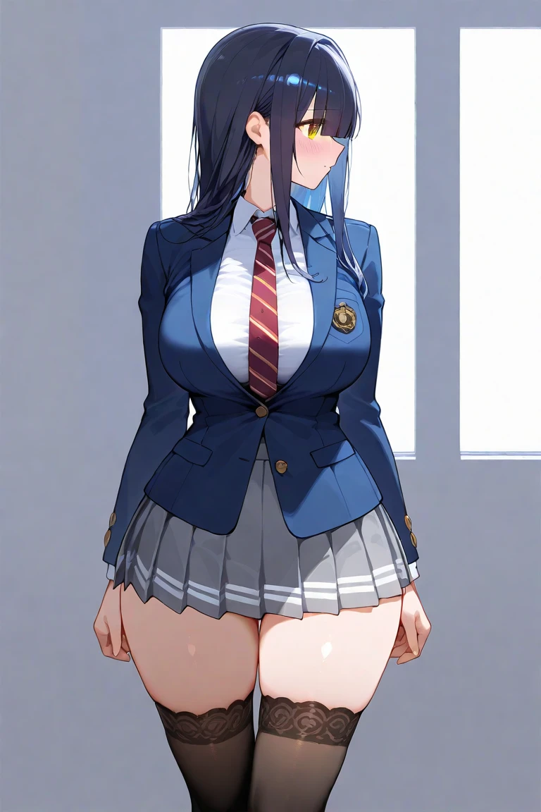 a masterpiece of two plump girls with curly blue hair, hazel eyes, and matching school uniforms with sexy lace accents, ribbons, and rainbow short skirts, wearing white thigh-high socks and black high heels, posing together with a serious expression, flat color background, full body, ultra-detailed, (best quality,4k,8k,highres,masterpiece:1.2),ultra-detailed,(realistic,photorealistic,photo-realistic:1.37)