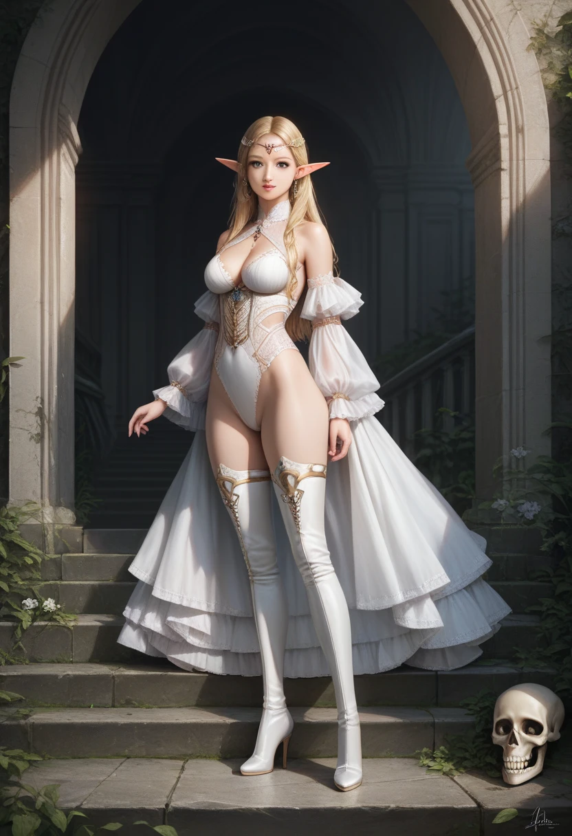 ((Show full body from head to toe, Standing perfectly, standing pose, Body facing to the viewer (Show front body, show center body)). Balance focused camera view, Centered camera view, middle camera view, vertical scape camera. Masterpiece, illustration:1.1, best quality, fine detail, perfect detail, smooth detail, sharp color, 8K, Ultra HD, Ultra-clear portrait, big resolution, perfect lighting, bright lighting, top quality, sharp focus. Fantasy, medieval, magic, wizard. A Beautiful woman wearing wizard clothes, robes, cape, cloaks, lace stockings, show heels. Big breast:1.6, tall body, fit body, Leg length, slender body, pale toned skin, very bright skin, glowing skin, glowing face, bright face, wearing makeup, lipstick, blush. Long hair. Smirking, her eyes looking to the camera. The background is outside a castle. clear sky, sunlight, daylight. Standing (Full Body View).