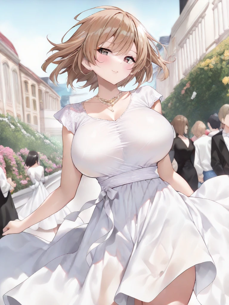 best qualityer, 1 girl, (sKindentation), (Huge breasted:1.2), (blur bacKground:0.6), (Street:1.2), (people, Crowds:1), Garden, giorno, open air, (casual but elegant, fashionable cloth, high necK dress:1.5), marvelous, (bangss, shorth hair:1.5), (floating hair:1.2), (dynamic pose:1.2), soft lighting, Tuuli, (Frontlight:1.5),  maKeup, 