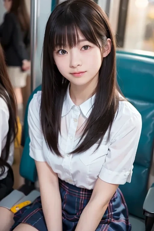 Highest quality, masterpiece, Ultra-high resolution, (reality: 1.4), Original photo, One Girl, mature, Torn white JK uniform, Smile, Long Hair, Very large breasts bigger than a face , Plump body, Button gap:1.35, sit in a train seat, Leg spread:1.5, Cinema Lighting, Horizontal sheet, View from the train window