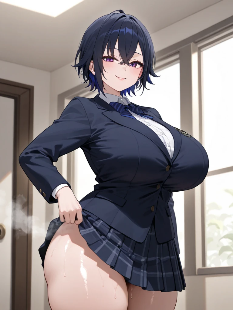 ((Tabletop, Highest quality, High resolution, Pixel Perfect, 4K, Browsing Caution)))、1 Girl, Beautiful woman、(((Muscular)))、((Bobcut、Blunt Bangs、Black Hair)), ((Yellow Eyes、Both eyes closed、Beautiful eyelashes, Realistic eyes)), ((Detailed face, blush:1.2)), ((Smooth texture:0.75, Realistic texture:0.65, Realistic:1.1, Anime CG Style))、Big nipples、((Huge breasts、Swollen nipples、Thick thighs)), Perfect body、Daytime Town、((((:d、blush))))、((Sweat、Steam from armpits))、(Right hand salute、Left hand on waist)、(Blue Jacket、Navy Blue Leotard)、Police Hat