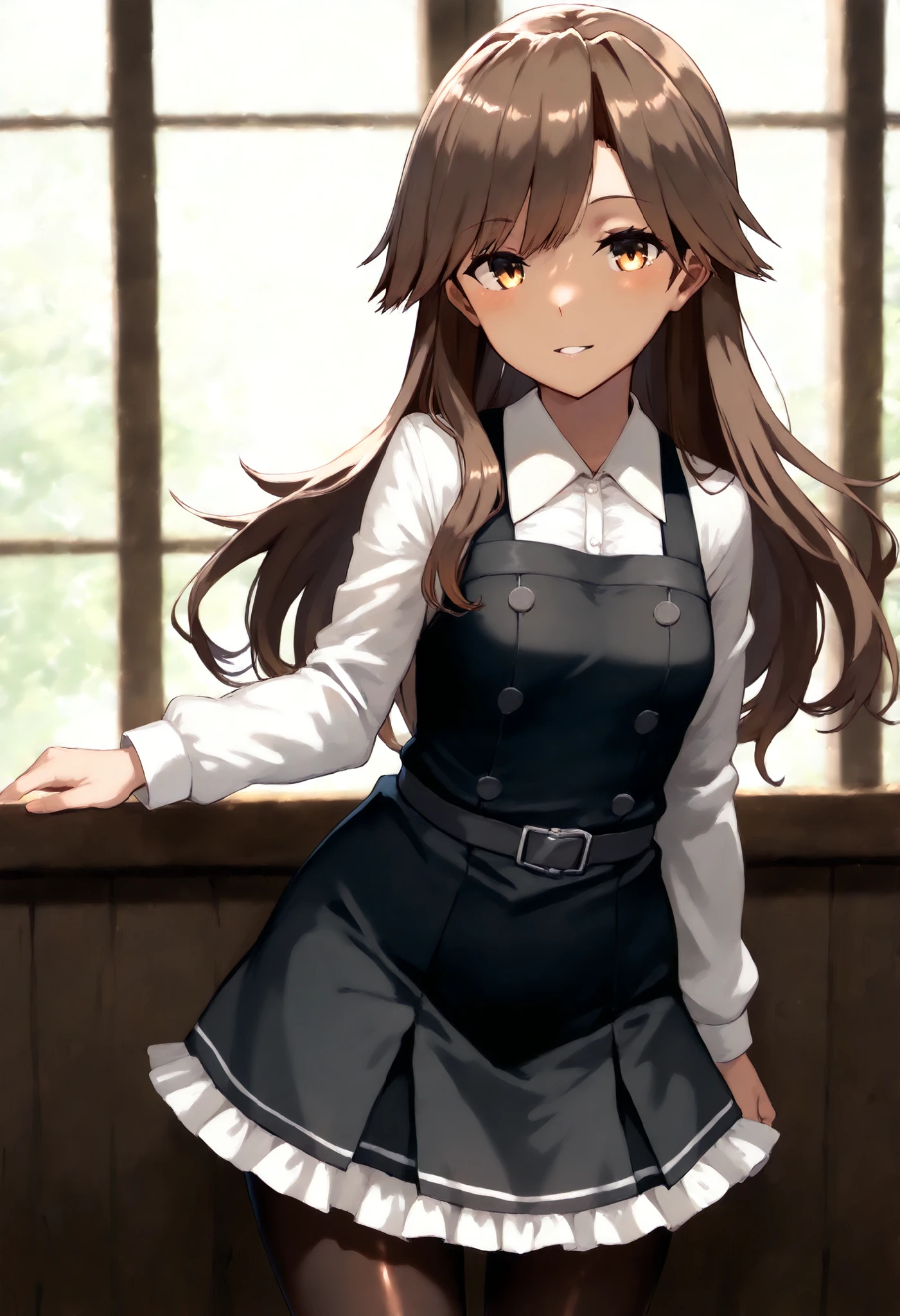 Arashio (KANCOLLE), arashioKC, long hair, pinafore dress, frilled dress, shirt, long sleeves, pantyhose,brown hair, side swept bangs, messy bangs,black dress,