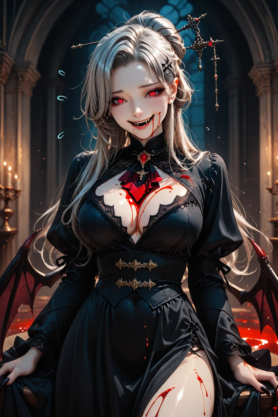 a dark fantasy art, dark comic, dark goth picture of a ((vampire bride: 1.5)), biting her groom, a female vampire bride,  female vampire in a ((white leather wedding dress)), (goth wedding dress: 1.4), with bloody gown, best detailed face,  ((blood on face)), ((vampire fangs: 1.5)) ultra feminine, pale skin, red haired, long hair, wedding hair cut style, blue eyes, ((blue glowing eyes: 1.3)), wearing (white leather wedding dress: 1.4) bloody gown, (wearing white high heels: 1.4), in the honeymoon suite, biting the the groom, bloody face, BREAK a beautiful human man, ultra detailed face (best details, Masterpiece, best quality: 1.4), wearing a wedding tuxedo, honeymoon suite background, vibrant, Ultra-high resolution, High Contrast, (masterpiece:1.5), highest quality, Best aesthetics), best details, best quality, highres, 16k, [ultra detailed], masterpiece, best quality, (extremely detailed)ת vampyfangs1