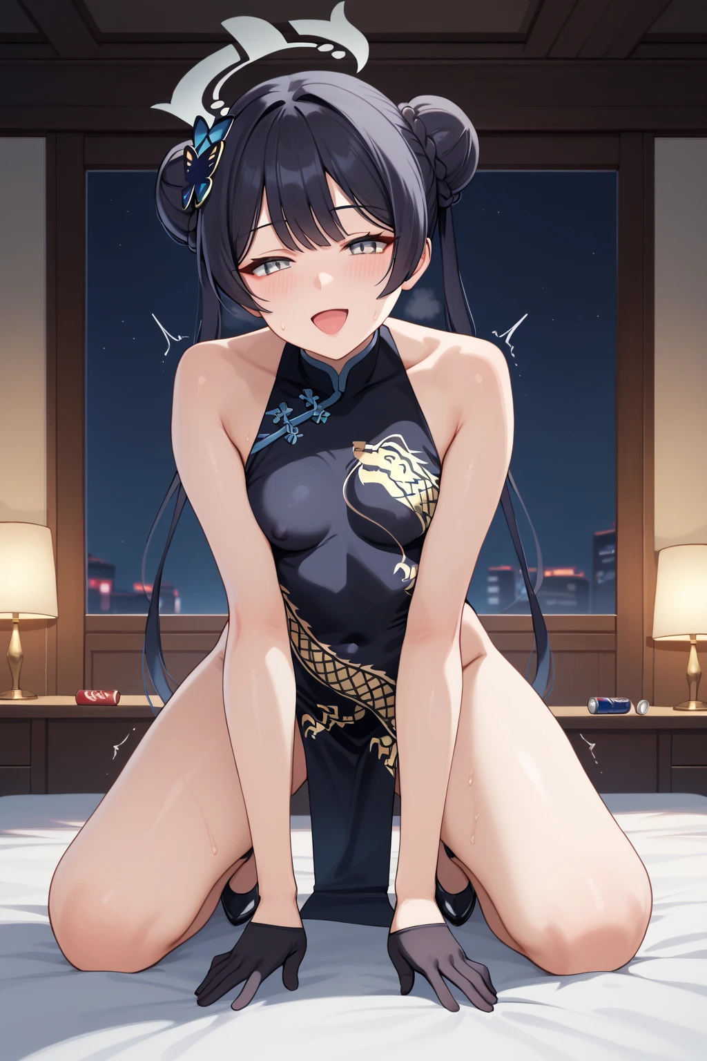 1 girl, long black hair, blue eyes, Chinese dress, cheongsam, City, Ridiculous, high resolution, Super sharp, 8k, masterpiece, looking at the audience, steam, white underwear, floral lace lingerie, camel toe, Sexy, (upskirt), wind lift, see through nipples, pretty face, Sexual innuendo, sitting, spread legs , wet, hairpin, collar around neck, whole body, Licking ice cream, beautiful toes, Beautiful gestures, collar on thigh , belly button