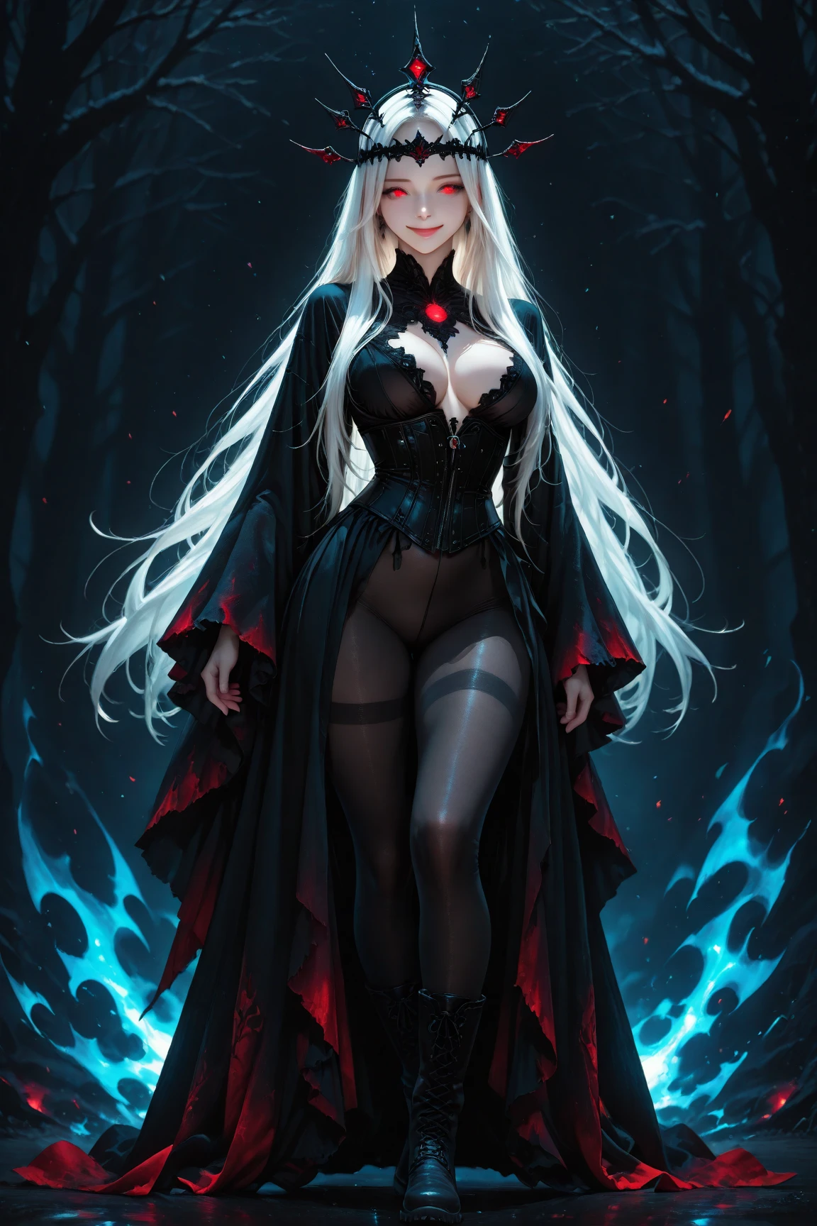 I want an albino in anime , chubby, well proportioned with good hips Red eyes and semi-curly hair That she is a witch dressed in black That she is imposing but very seductive That she is of a fairly thick build with wide buttocks A little thicker with wide hips and large breasts With an unmatched beauty