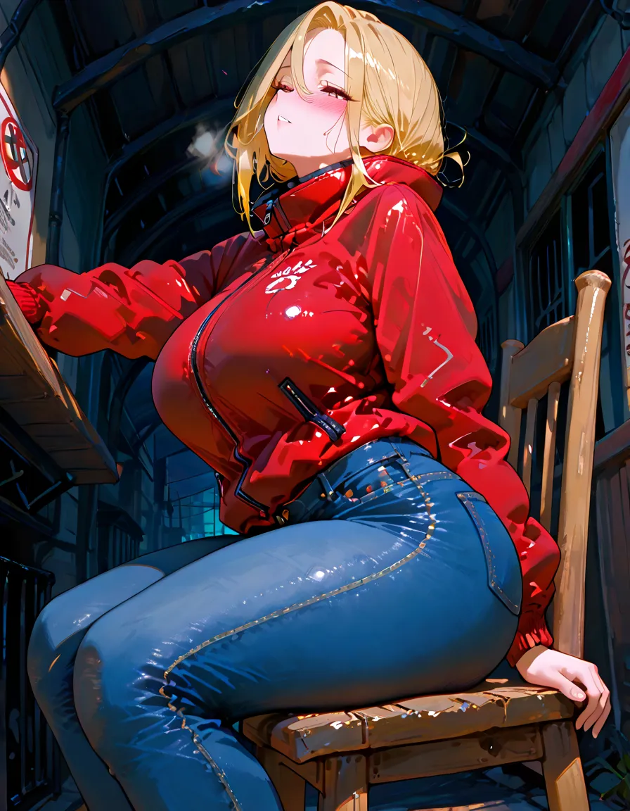 photo realism anime style Yusuke walled art Phoenix goddess alucard + sarada fitness sexy big tits with cropped wavy hair v cut dress v cuts ripped jeans wearing high heels walking on a dark dark street scared style photo realism, fully detailed drawing in black and monochromatic bench and only the strong red diamond eyes