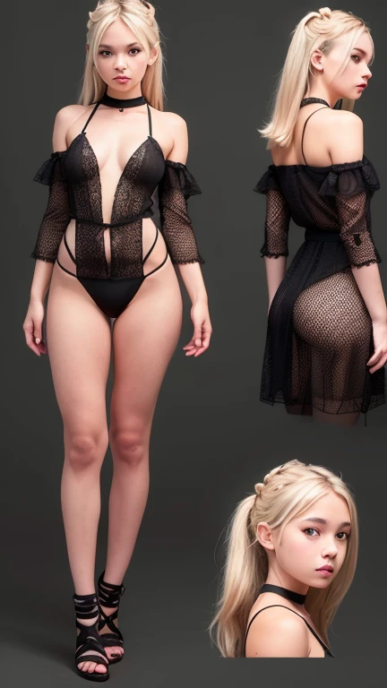 ((full body:1.4)).sexy 21 yo woman,(German)descent, blond, blue eyes, beautiful athletic figure, natural perky breasts, perfect ass, tan, shapely toned legs, Sheer lace black dress, high heels, smoky eye mascara.