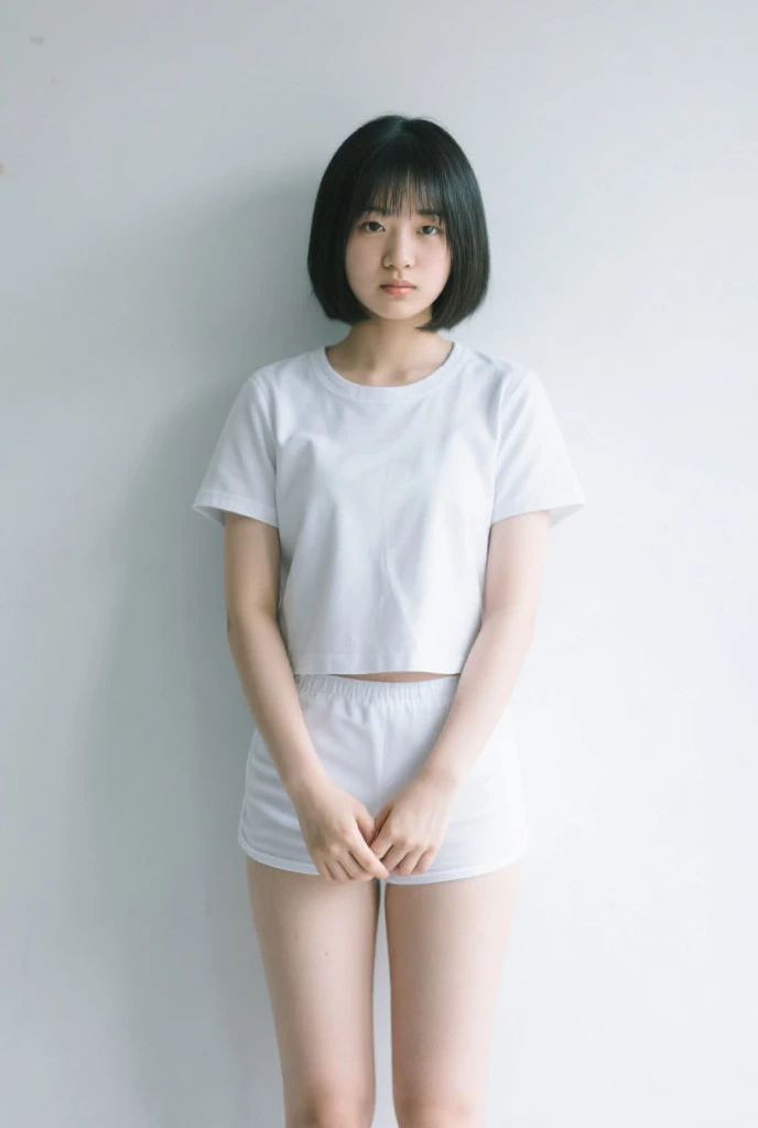 Picture taken from the front, with the left and right sides equally spaced, draw symmetrically, simple background, equally spaced left and right, stand upright, (cowboy shot), (arms behind back:1.5), One girl, 18 years old, very short hair, (((blue panties))), ((white t-shirt))