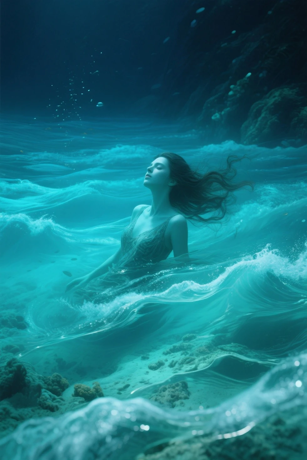 Full body portrait, body seen in profile, underwater photo, view from far away, wide shot, wide angle photo, nude woman dive, aged 40, swiming underwater, full body, long brown hair, generous chest, cinematic atmosphere, feminine, natural, Perfect eyes, perfect hands, perfect teeth, ultra-sharp, high resolution, imperfect skin, natural skin, wide angle shot