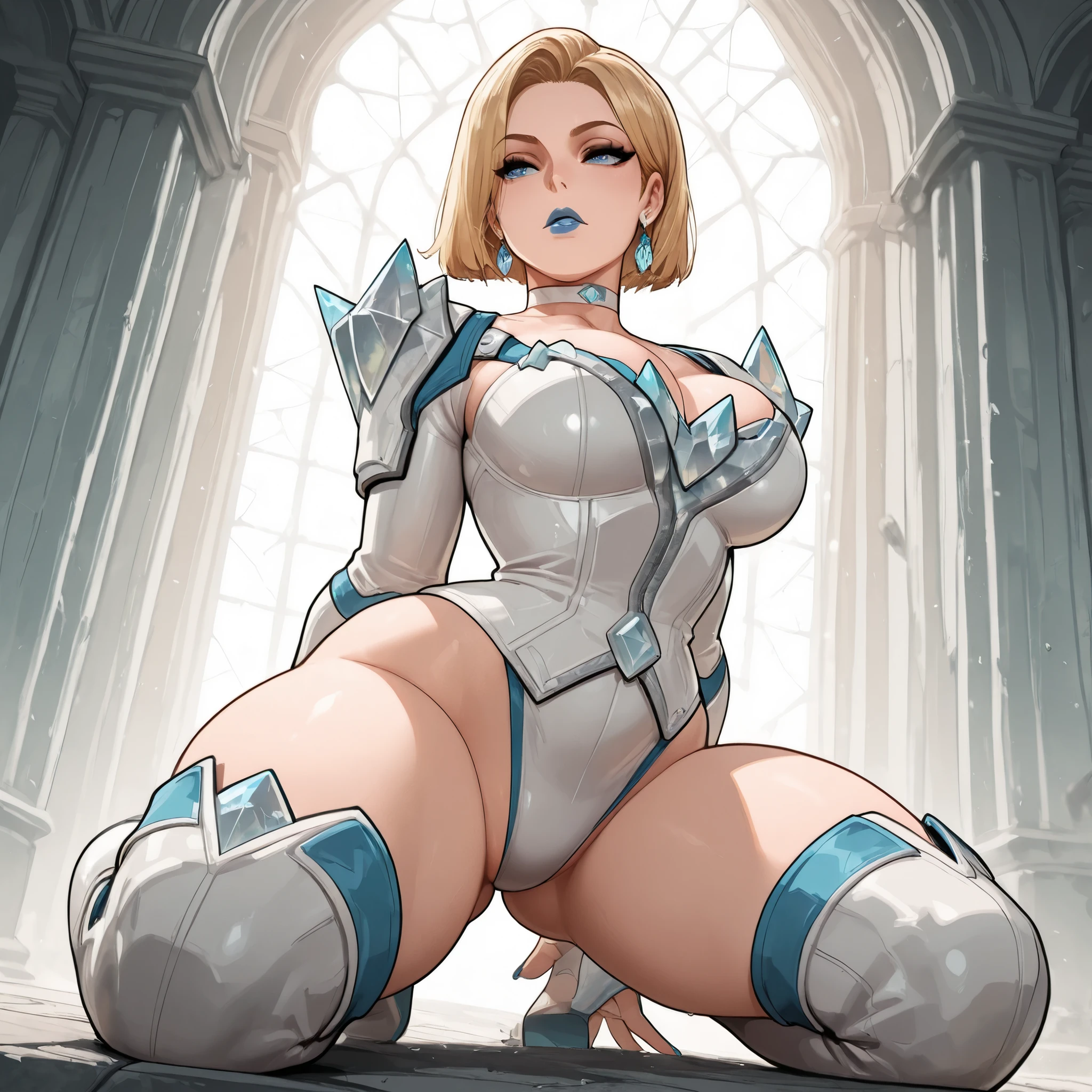 masterpiece,best quality,amazing quality, absurdres, emma frost, 2girl, solo, choker, thighs, white outfit, blonde hair, exposed corset and panties, blonde hair, short hair, lipstick, jewelry, earrings, blue lips, blue nails, boots, shoulder armor, thick thighs,leotard, thick thigh,knee boots, medium shot, cleavage, superhero costume, kneeling before me, exposed