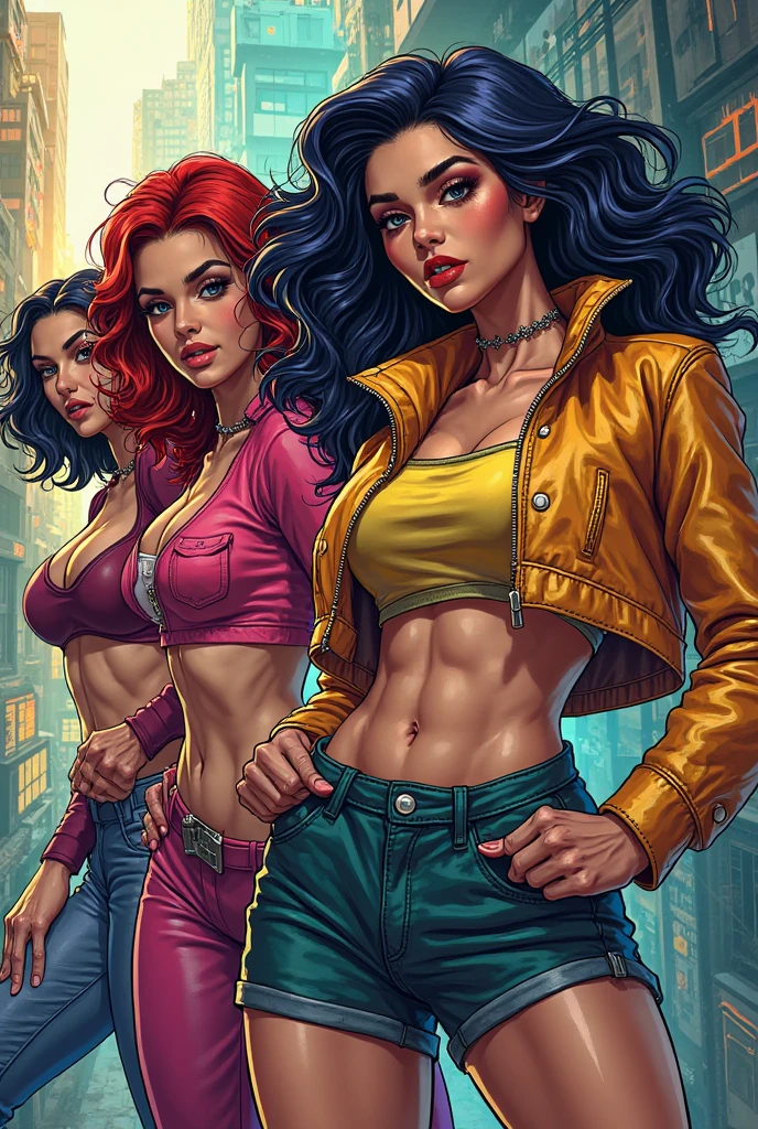 uma mulher com roupas coloridas e fones de ouvido, no estilo de detalhes comics americano, retratos detalhados, airbrush art, classic americano, dark amber and blue, amarelo e vermelho