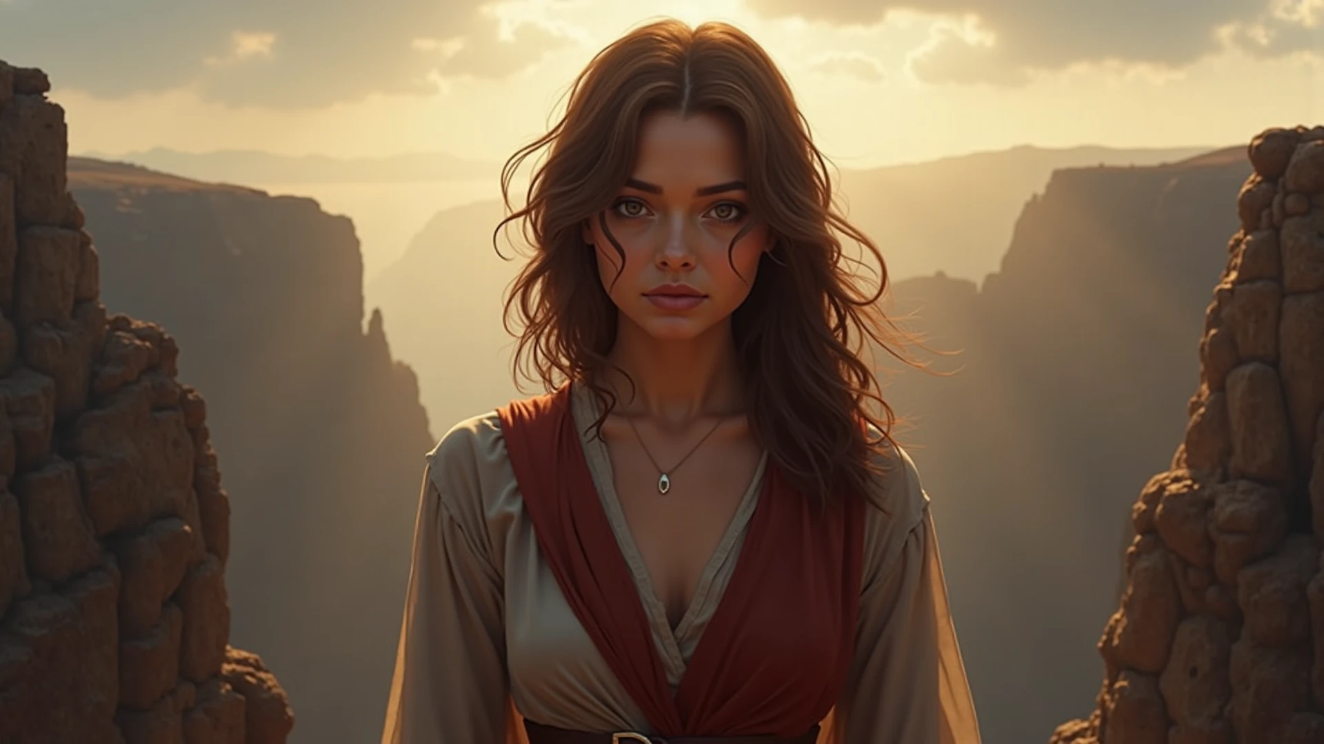 Pompeii，Beautiful girl facing volcanic lava,Facing the volcano，Frightened expression，Clothes slipping off，Off-shoulder，1/2 side faces，Half sideways，Eyes on the volcano，Shed tears