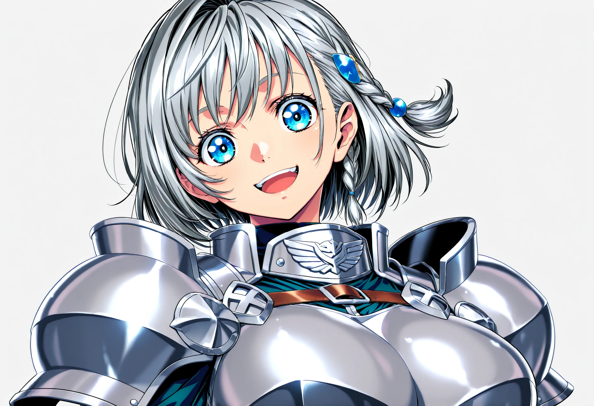 masterpiece, Highest Quality, newest, high resolution, 1 girl, Yokota Mamoru Style,Line of Motion,very straight nose, slim,Narrow Face,perfect nose,Staring at the Viewer,charming smile、顔アップ
masterpiece, Highest Quality, 1 girl, solo, Mr._, armor, shoulder pads, big breasts, chest opened, Memes, ( wide-eyed squatting :0.7), open your mouth, simple background, white background, short hair, Side Braid, grey hair, blue eyes, dull bangs, hair accessories