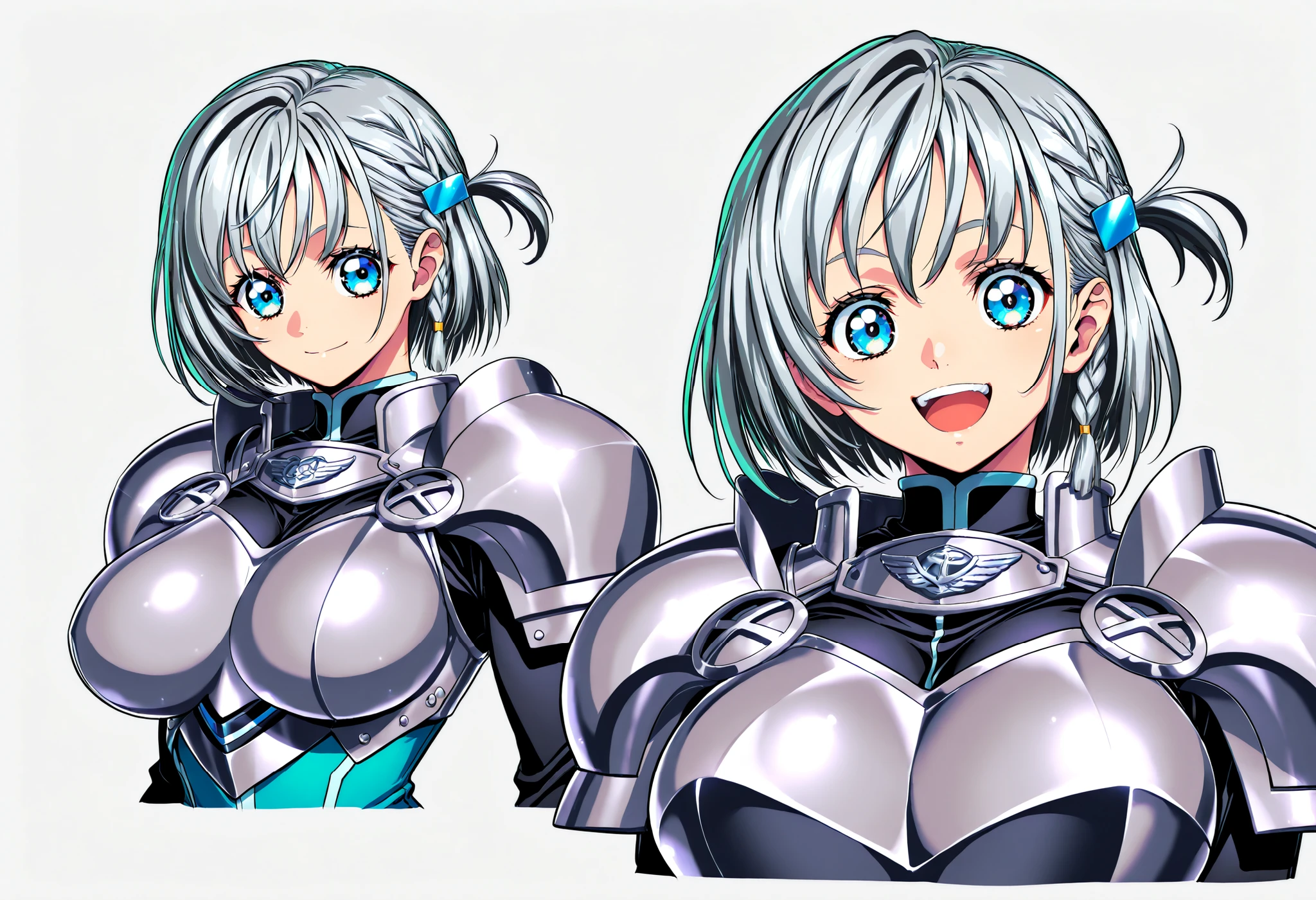 masterpiece, Highest Quality, newest, high resolution, 1 girl, Yokota Mamoru Style,Line of Motion,very straight nose, slim,Narrow Face,perfect nose,Staring at the Viewer,charming smile、顔アップ
masterpiece, Highest Quality, 1 girl, solo, Mr._, armor, shoulder pads, big breasts, chest opened, Memes, ( wide-eyed squatting :0.7), open your mouth, simple background, white background, short hair, Side Braid, grey hair, blue eyes, dull bangs, hair accessories