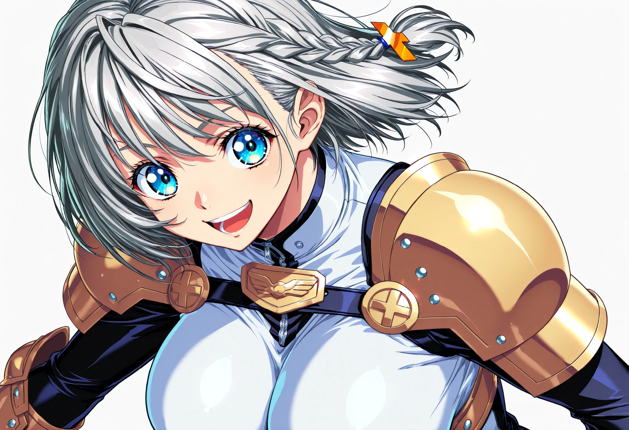 masterpiece, Highest Quality, newest, high resolution, 1 girl, Yokota Mamoru Style,Line of Motion,very straight nose, slim,Narrow Face,perfect nose,Staring at the Viewer,charming smile、顔アップ
masterpiece, Highest Quality, 1 girl, solo, Mr._, armor, shoulder pads, big breasts, chest opened, Memes, ( wide-eyed squatting :0.7), open your mouth, simple background, white background, short hair, Side Braid, grey hair, blue eyes, dull bangs, hair accessories