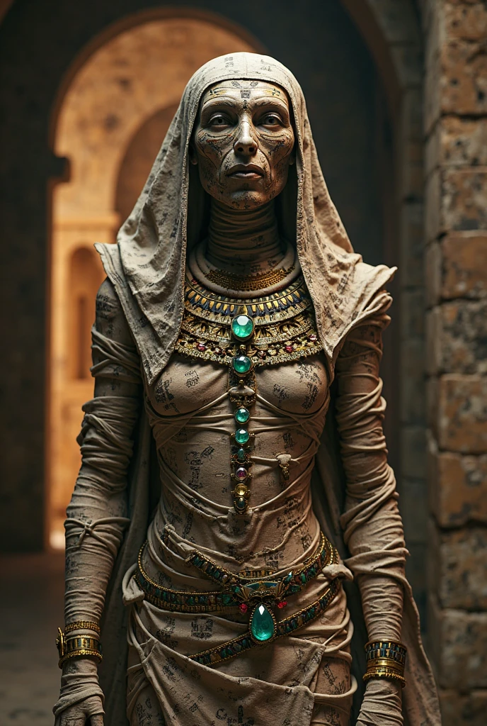 a close up of a statue of a person, by Alberto Giacometti, featured on zbrush central, egyptian mummy, video still, prominent rosy cheek bones, facing sideways, short neck, saint skeleton queen, discovered for the first time, very slightly smiling, youtube video screenshot, partially covered with dust, full body profile camera shot, slightly turned to the right, 32k, UHD, cinematic chromatic, cinematic lighting, global illumination, chromatic light, photorealistic, ultra detailed, afga Vista 400, Dreamlike lighting, 85 mm, dramatic, low-key lighting on a mysterious, photorealistic , ultra photoreal , ultra detailed, intricate details.
