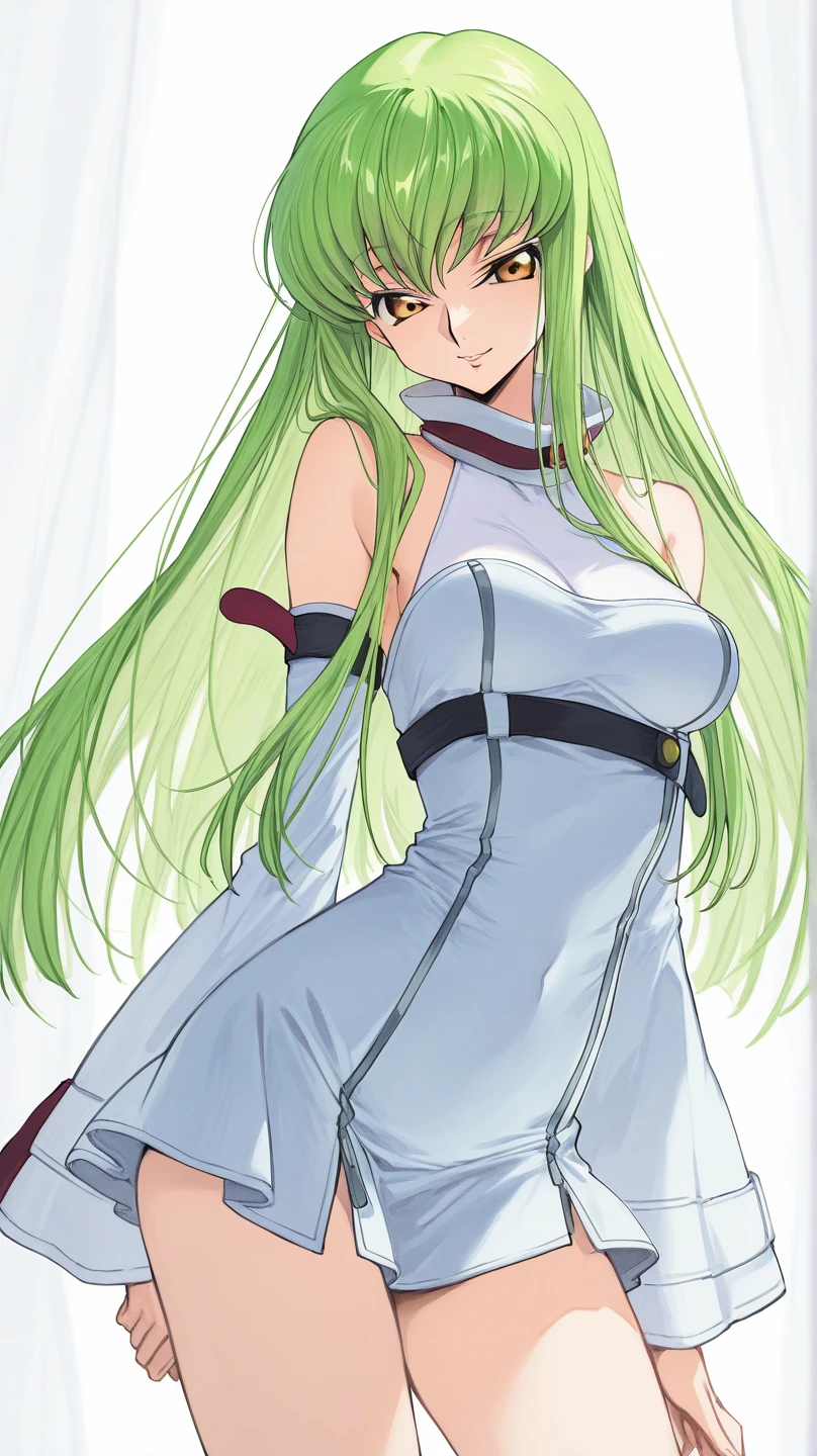 (girl1), (anime), white, with long green hair, an 18 year old woman, with white stockings and a sexy dress, wearing a heroine costume consisting of a white sleeveless swimsuit, white spiked gloves and metal plates on her waist and feet, look at the size of her breasts, they are size AA+