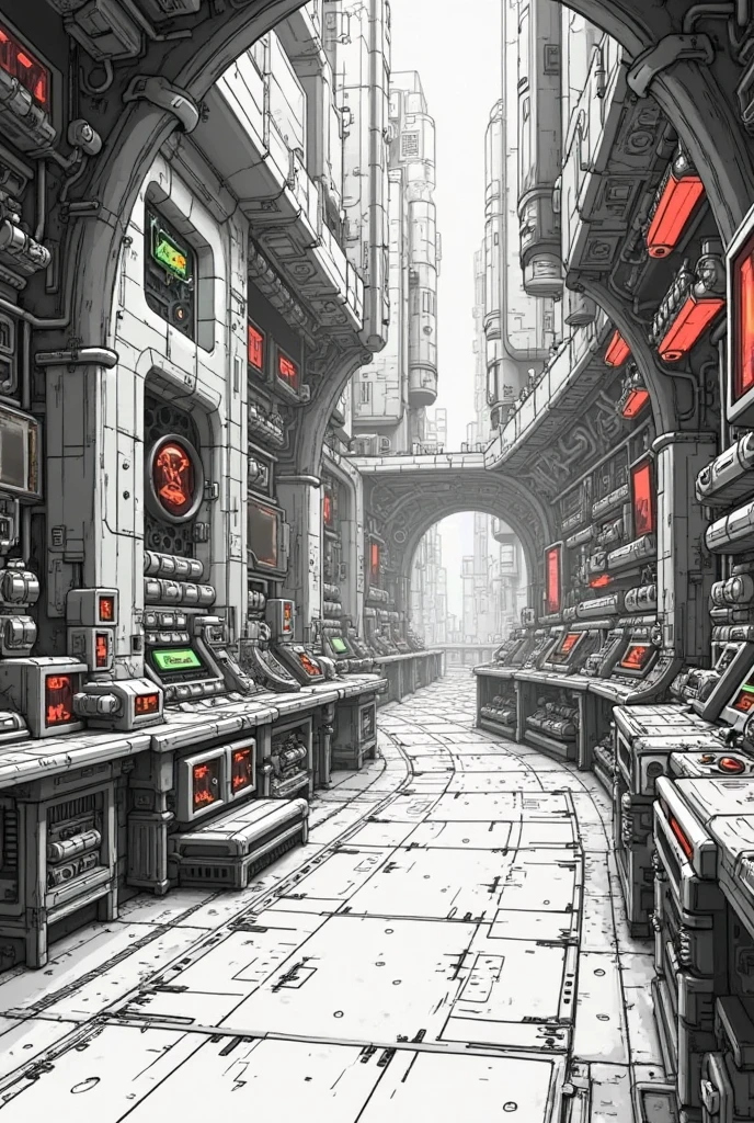 "Black-and-white ink-style illustration of a futuristic, abstract ...