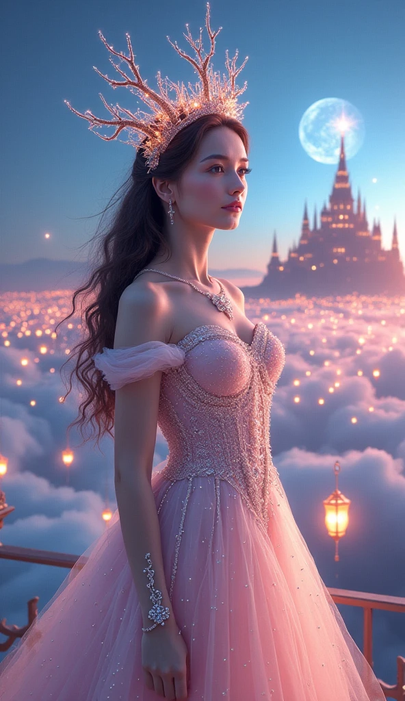 Russian girl. Upper body. Elegance, elegance, smooth skin, ((((pink dress, long skirt), beautiful decorations, princess dress))))), her hair is tied up. She is a girl. Dynamic composition, fantasy, overhead view from above ((standing, exposed shoulders and back, slender body, beautiful body line, pose, lady)), beautiful silhouette, masterpiece, high resolution, digital SLR, super High resolution, sharp focus, tack sharp, depth of field, film grain, Fujifilm XT3, crystal clear, 8K UHD, high resolution, (((Light blue eyes, fine skin, pores, seductive looks, beautiful pink Brown hair color, long hair, brown eyes, round face, droopy eyes, pink-brown eyebrows, plump lips, freshness, beautiful face, enchanting real woman, )))(((castle, moonlight) ,))))))) Fantasy colors, realistic