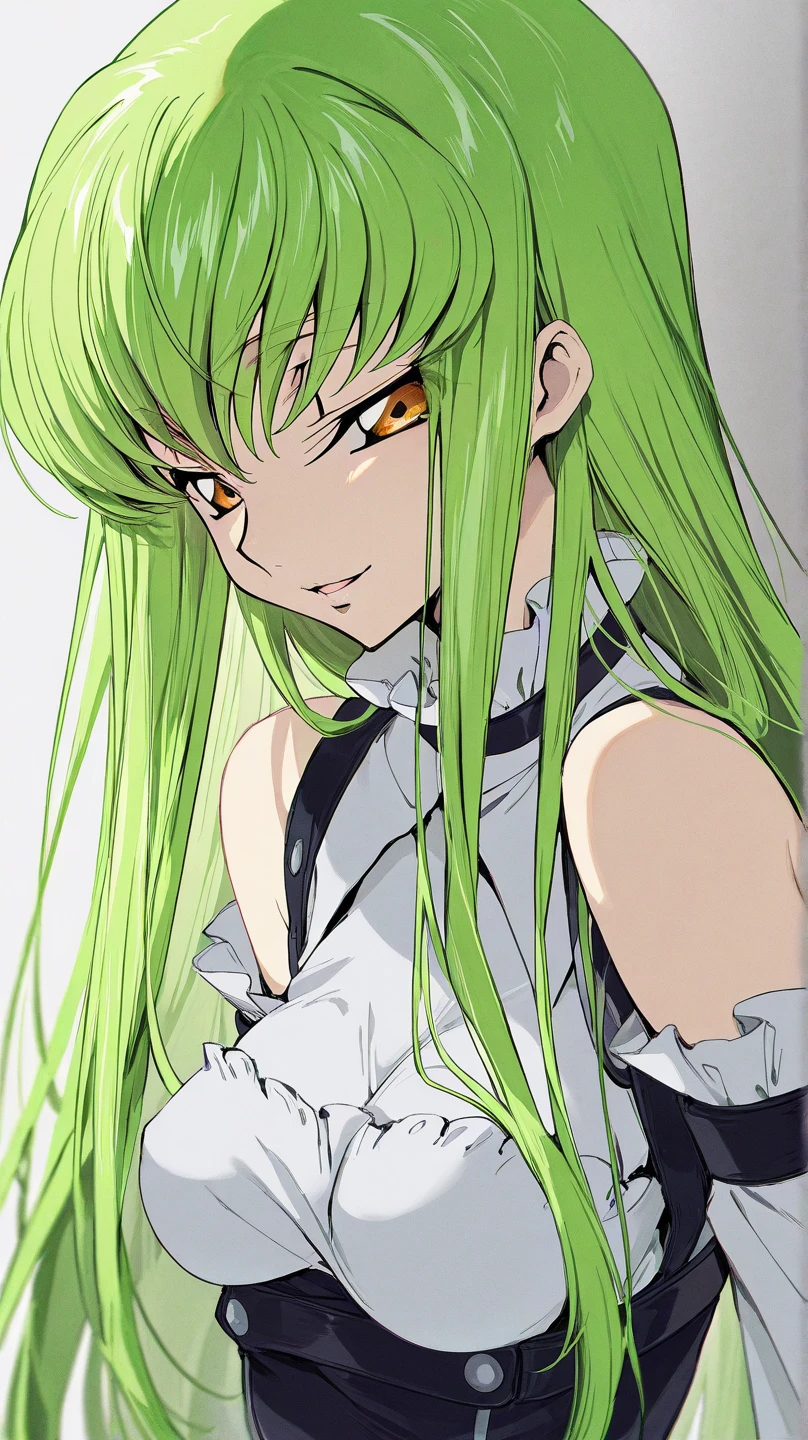 1girl, Code Geass, C.C., "CODE GEASS Lelouch of the Rebellion", solo, (green hair), cc_codegeass, hair between eyes, very long hair, white suit, sleeping, laying on bed, bedroom, seductive smile, looking at viewer, weapon, (masterpiece, best quality, Professional, perfect composition, very aesthetic, absurdres, ultra-detailed, intricate details:1.3)