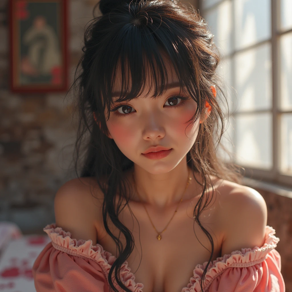 Best Quality, Masterpiece, Ultra High Resolution, (Realisticity: 1.4), Original Photo, 1girl, Pink Off-the-Shoulder, Cinematic Lighting, Downblouse