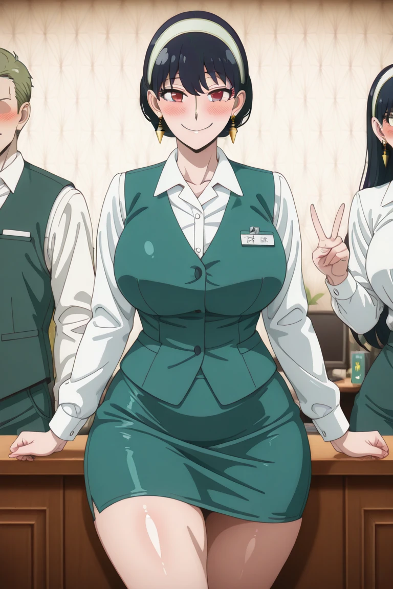 A woman, braided pigtails, huge breasts, (huge breasts: 1.8), glasses, blue eyes, green hair, (daytime park background), elementary school student, (being watched by elementary school boys), (being watched by elementary school girls),