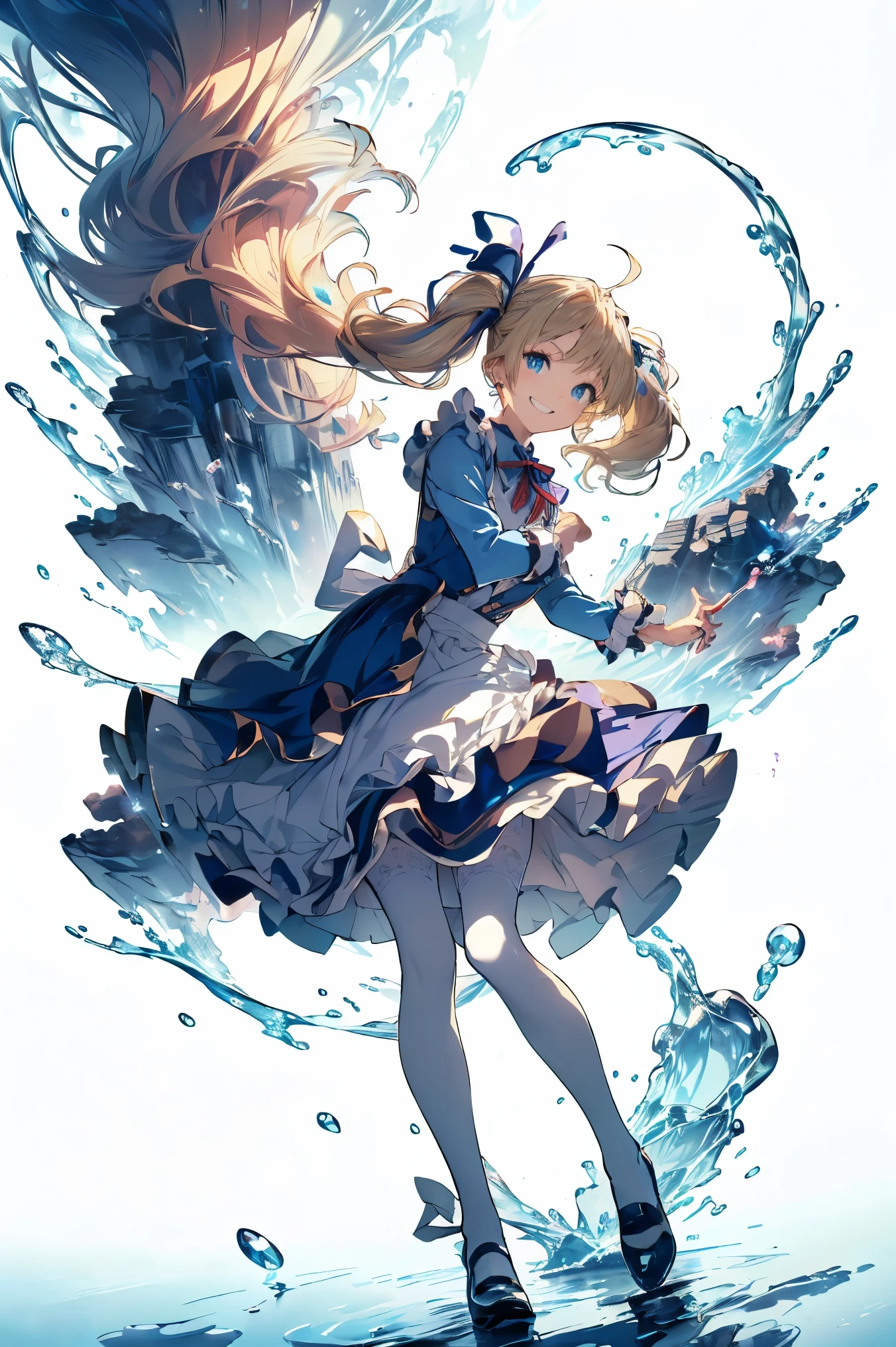 (master piece, high-quality, Mystical, ideal ratio of body proportions), (ultra high resolution, 8K RAW photo, photorealistics, natural lighting, textile shading), wideshot photo:1.6, (1 beautiful anime girl:1.3, , solo:1.5, milf:1.5, nsfw:1.25, full body:1.3), shinny skin, BREAK, ((alice in the wonderland:1.3, cuty, kawaii, lovely, funny, a girl falling down from sky:1.5, flying girl in sky:1.5, girl is floating in air:1.1, rolling up skirt by wind:1.5, (shamed:1.3), surprising, putting hands on crotch with apron:1.35)), BREAK, ((PlayingCards, Trump, tea cup, tea pot, tea spoons, small clock:1.3, lip sticks, candies:1.2, cookies, jam bottles, keys)), ((Royal-Blue dress :1.5, wearing long flaired skirt with blowing:1.3, White Apron, white stockings)), (medium long platinum-blonde hair:1.2, twin tail hair:1.6, tied hair with a large ribbon), (Blue eyes, bright pupils with highlights, detailed eyes), (lying down on your back:1.6, leaning forward:1.2, spreading legs with rising up straight:1.5), ((dutch angle:1.5, full body:1.3, crotch focus:1.3, from below:1.5, unbalance posture)), cinema poster image, Exotic wallpapers, fantastic colorful art, (fantasy image:1.5), ((correct anatomy:1.5, perfect anatomy:1.3, correct hand, small foot:1.2)),