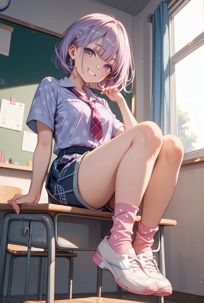 Anime style,Cute Anime style girl,Short white hair,Heterochromia,Wear high-top pink sneakers,Blue hair band,Transparent skirt,Even the underwear can be seen,Chiquita,Your leg,Short Ponytail,Expose,White,look at the bottom of the skirt,Lift one foot forward,Expose soles,You can see the sole,The sole is completely exposed,Draw the sole,Chiquita,Lower body photo