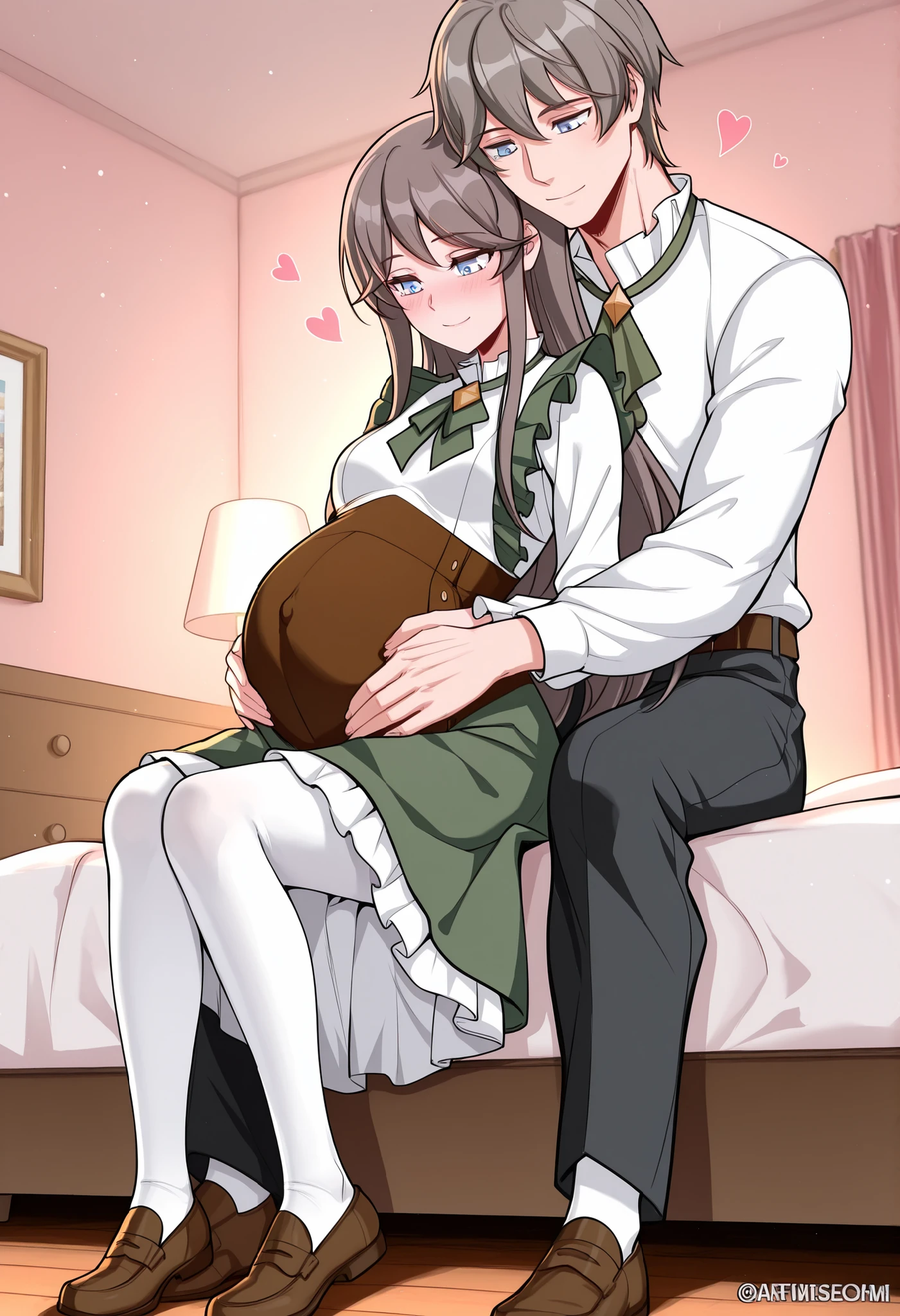 BREAK masterpiece, best quality), amazing quality, absurdres, highres, newest, HDR, 8K, tilly_wimbledon, grey hair, long hair, blue eyes, two-tone dress, frills, long sleeves, brown corset, green neckerchief, loafers, white pantyhose, husband and wife pregnant, hetero, couple, husband and wife, hug, from behind, pregnant, bedroom, sitting, blush, smile, hearts, looking down, close up